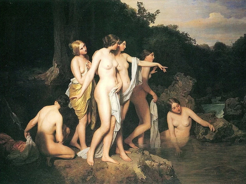 1793-Ferdinand Georg Waldmüller - Donne che fanno il bagno nel ruscello della foresta - 1848